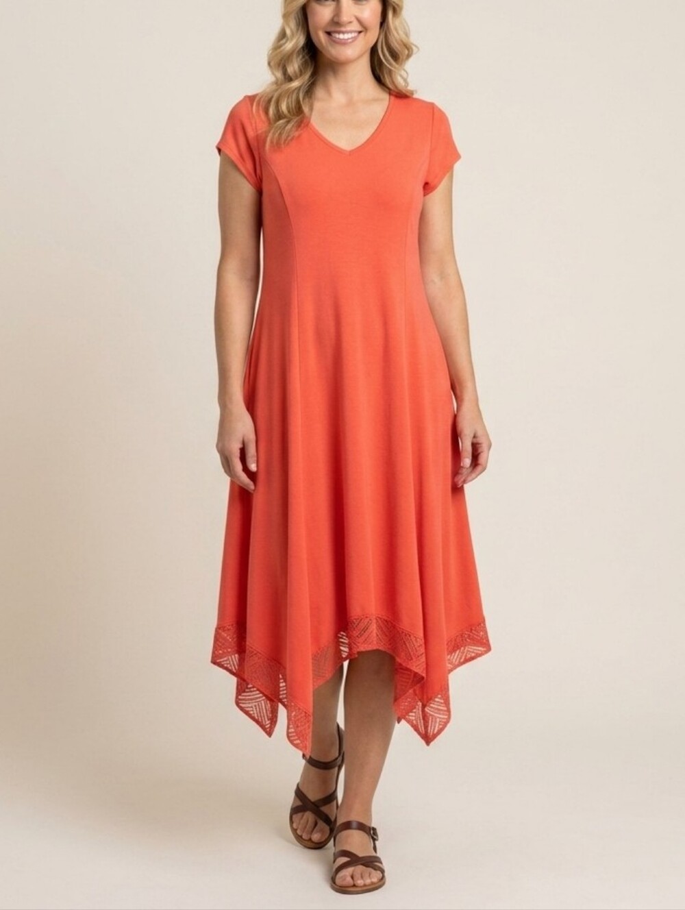 Halston Maxi Dress Coral Orange Size XL Petite V-Neck Handkerchief Hem Lace Trim